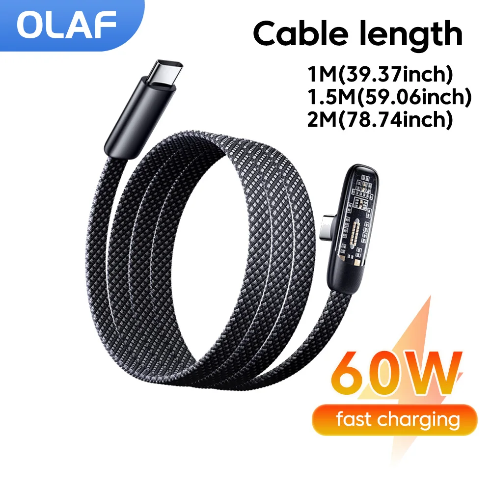 60W Dual Type C Cable Transparent Elbow Type C To Type C Cable Mobile Phone Fast Charging Cable for iphone 15 16 17 Samsung