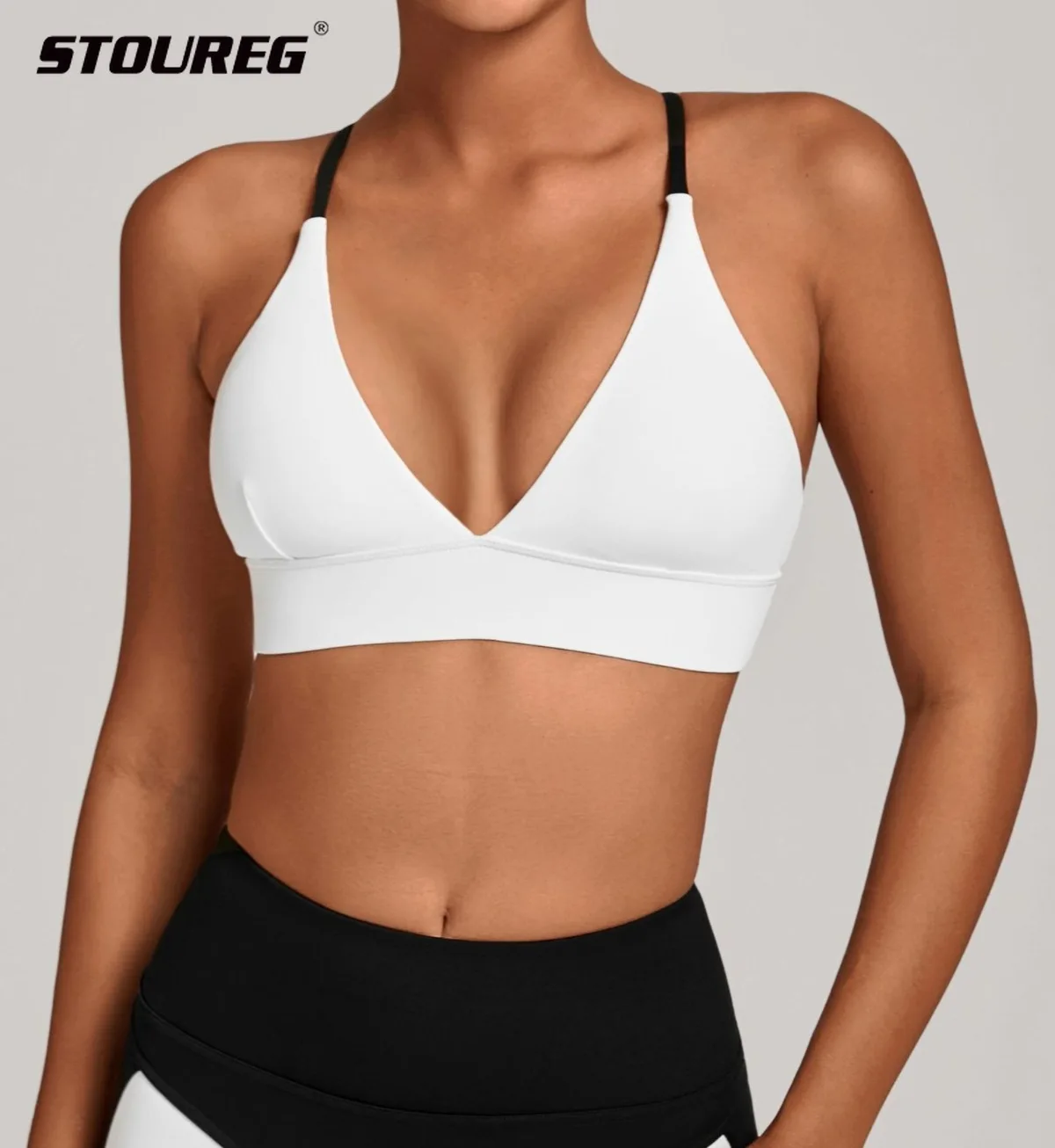 

STOUREG Women's Sports Bra Sexy Deep V Adjustable Straps Cross Back Yoga Bras with Color Block and Anti-Shock for Workout