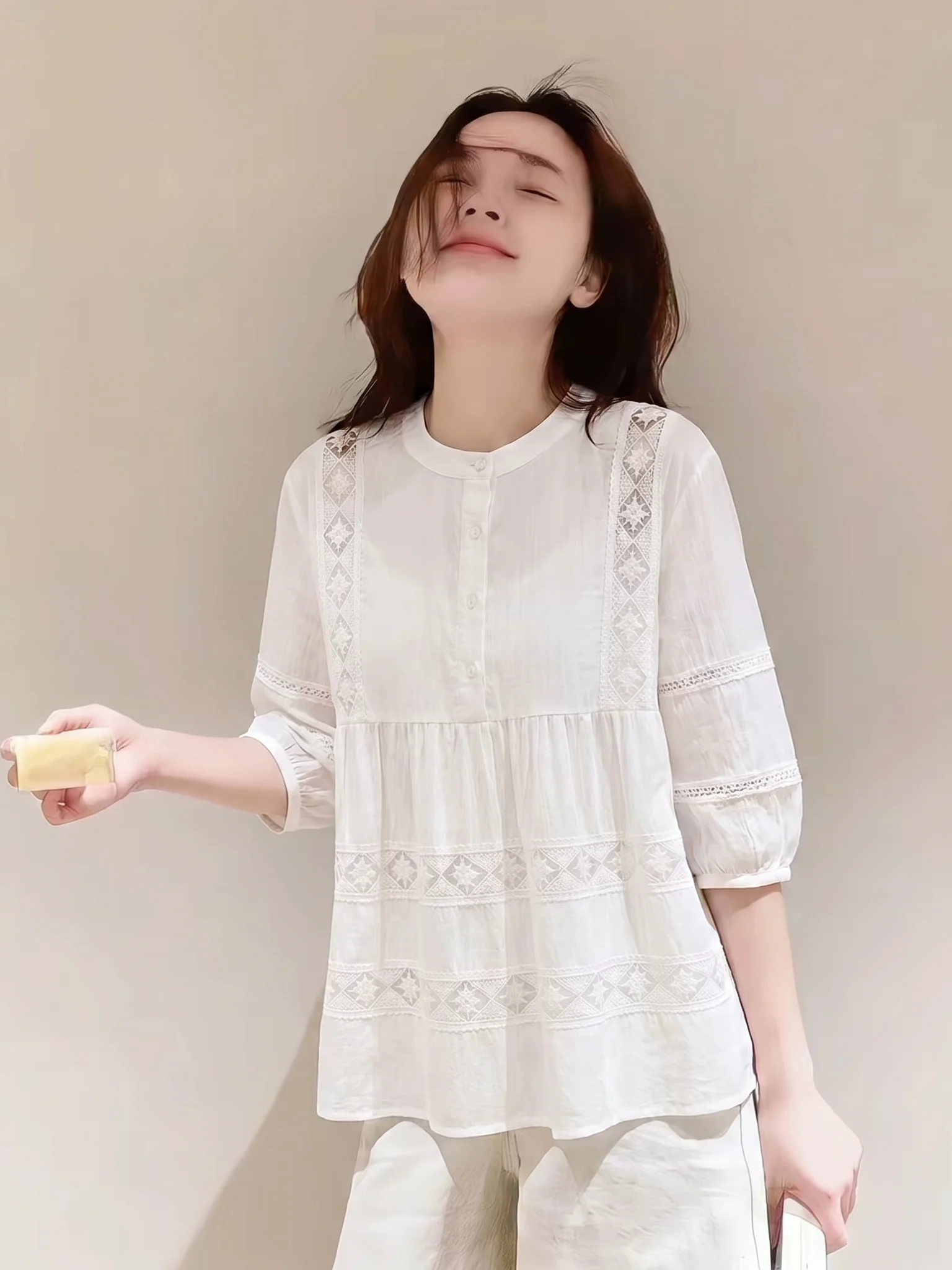 

Elegant White Doll Shirt Women's Loose round Neck plus Size Versatile Casual Summer Top by Qing Dai 2026 New Style