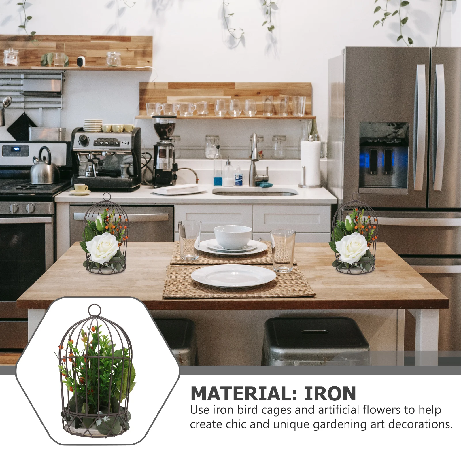 

1pc Simulation Flower Decoration Hanging Birdcage For Dining Table Festival Ornaments Decorative Props White Hard Iron Wood