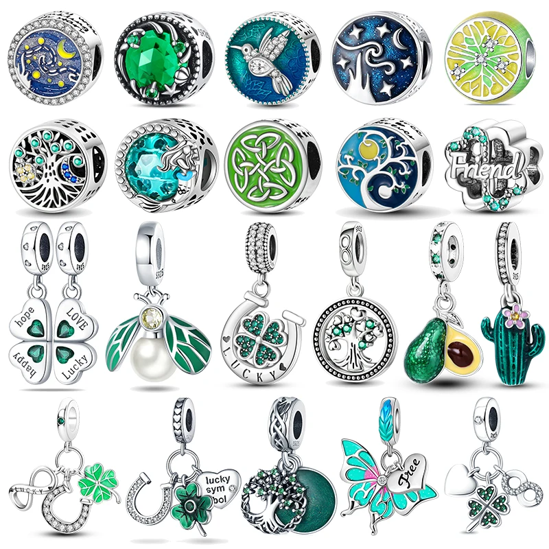 

925 Sterling Silver Green Series Four Leaf Clover Lucky Butterfly Pendant Fit Original Bracelet Charm Beads DIY Jewelry