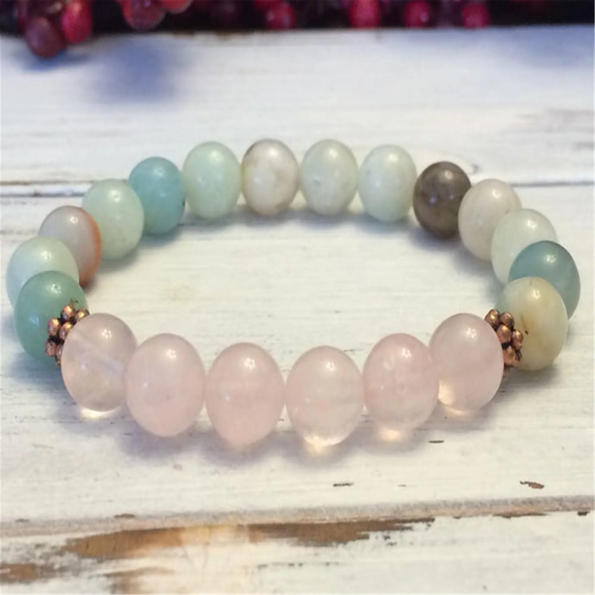 8mm Natural Amazonite Stone Rose Quartz Gemstone Mala Bracelet Gift Bohemian Beaded Artisan Jewelry Lovers  Men