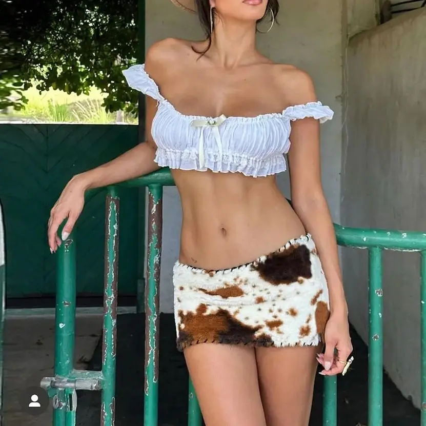 Cow Print Fuzzy Mini Skirt Women Low Waist Bodycon Y2K Retro Music Festival Rave Summer Casual High Street Spice Girl Skirt