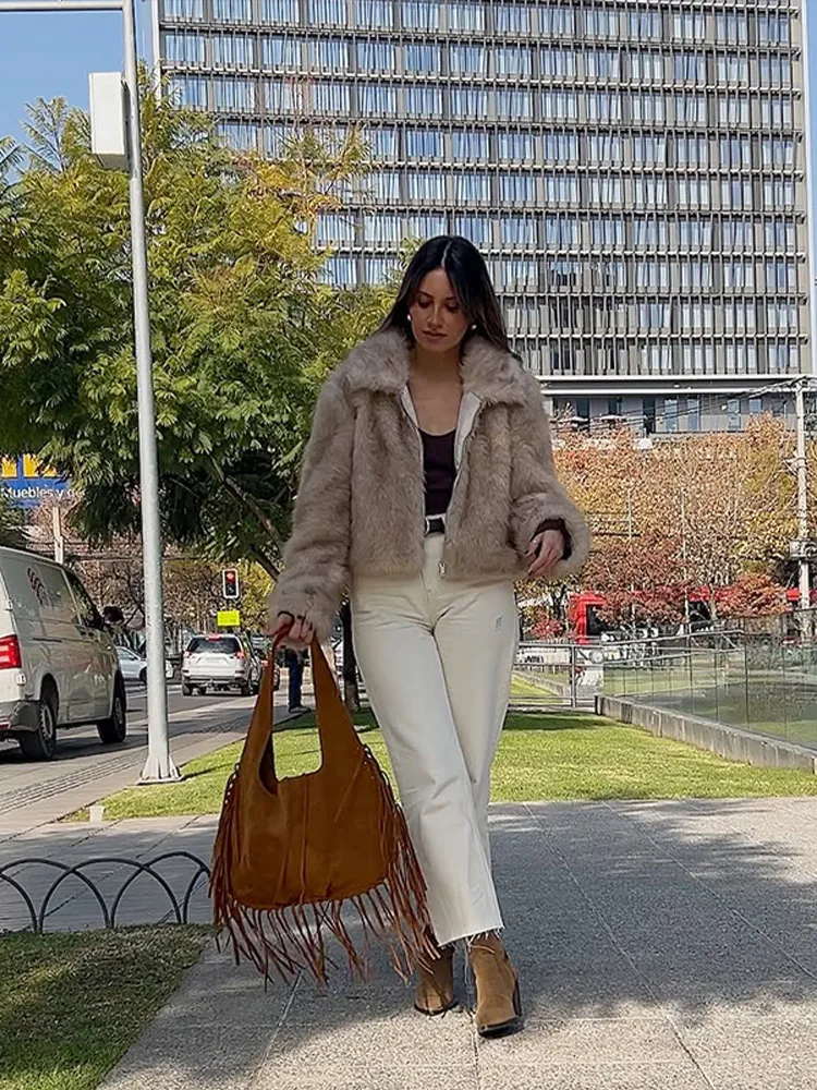 Grijze revers nepbont korte jas damesmode pluizige lange mouw zak met ritssluiting losse thermische jassen dame 2025, dagelijkse woon-werkkleding