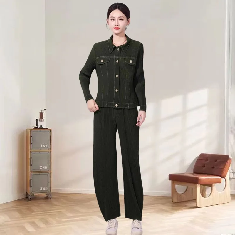 

Miyake Pleated Pants Set Compound 2025 Wear Fall Fashion Casual Suit Women Loose Simple Commuter Top Pants Two-piece Set