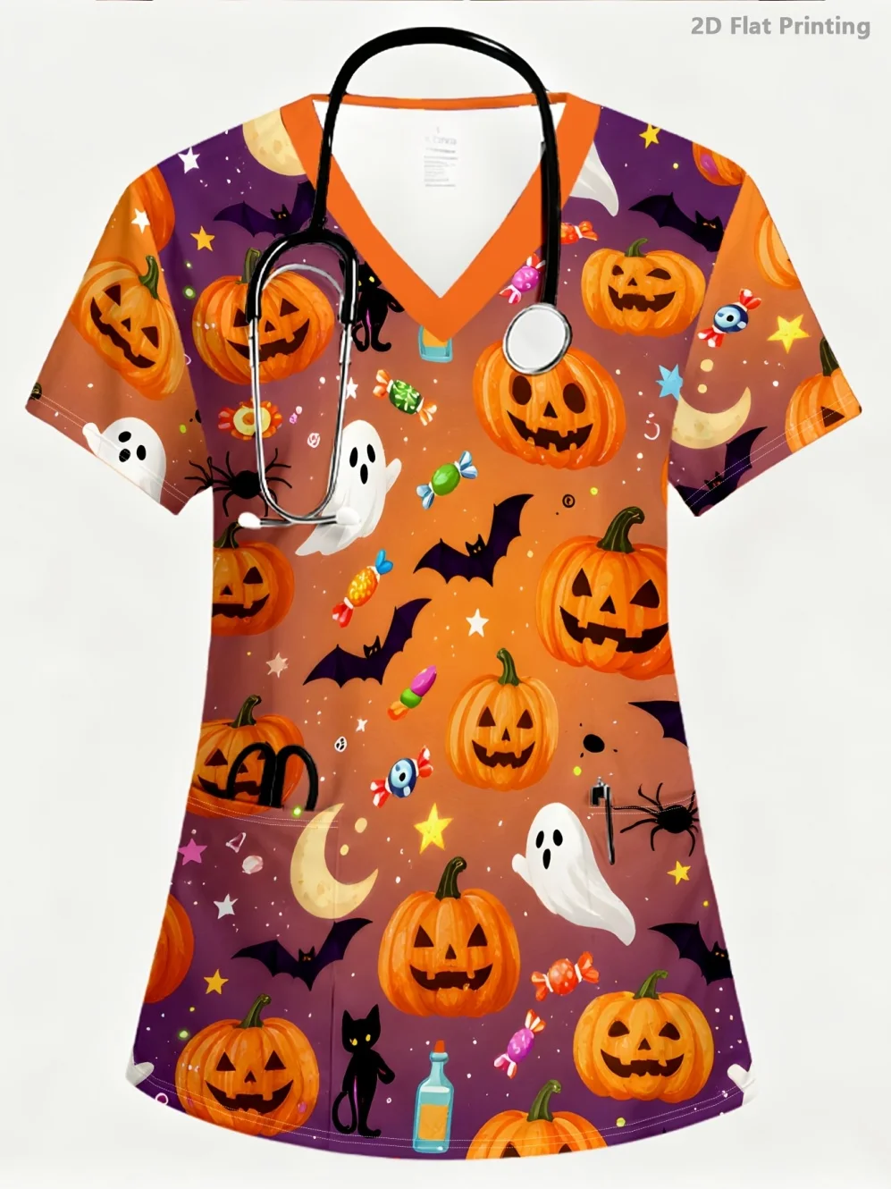 uniforme-de-enfermeira-para-halloween-com-estampa-floral-de-abobora-decote-em-v-mangas-curtas-e-design-com-bolsos-um-conjunto-moderno-de-uniforme-medico-para-mulheres