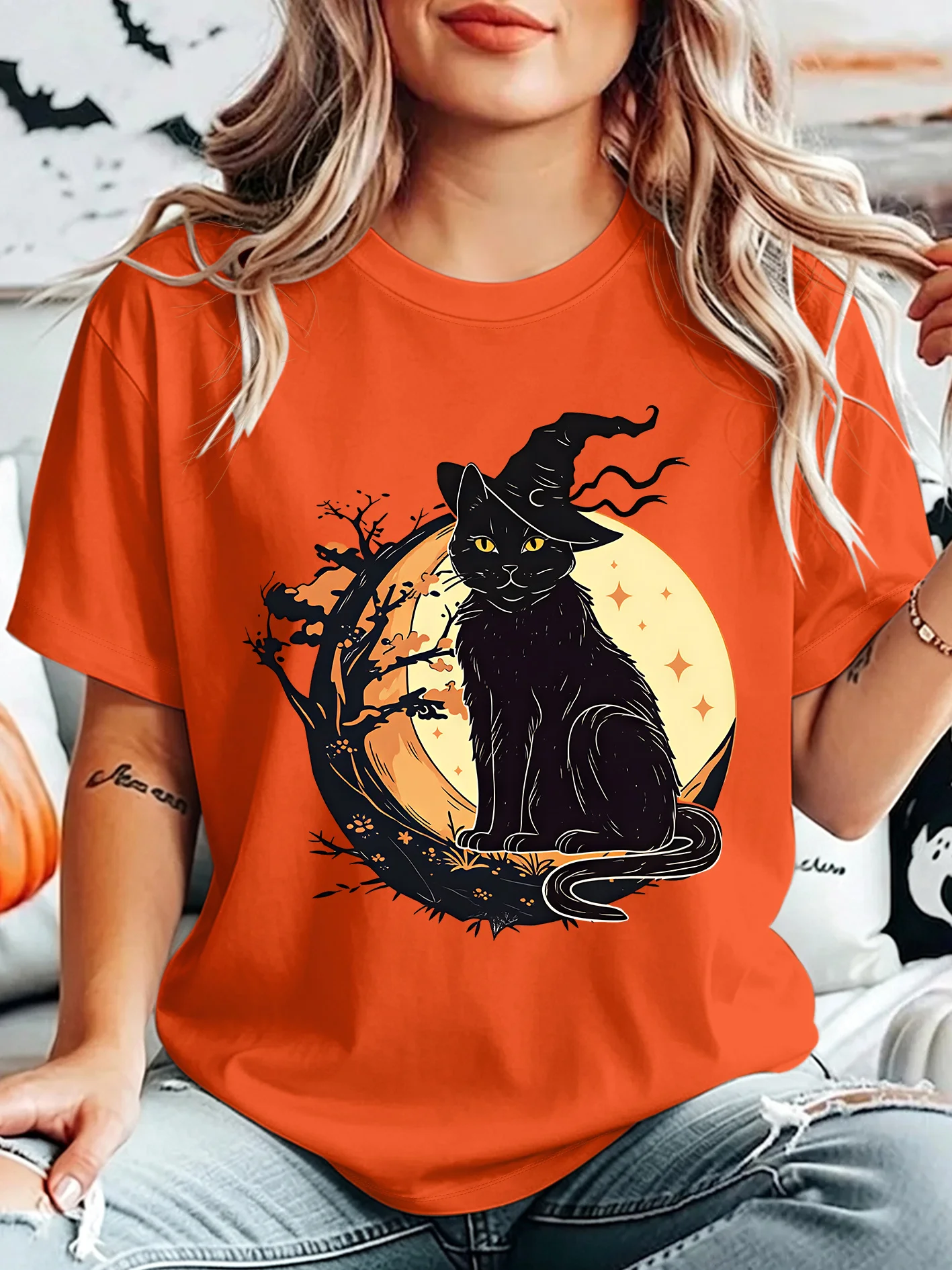 Halloween Black Cat Witch Hat Womens Crew Neck Short Sleeve T Shirt Spooky Moon Star Night Graphic Tees For Ladies Daily Wear