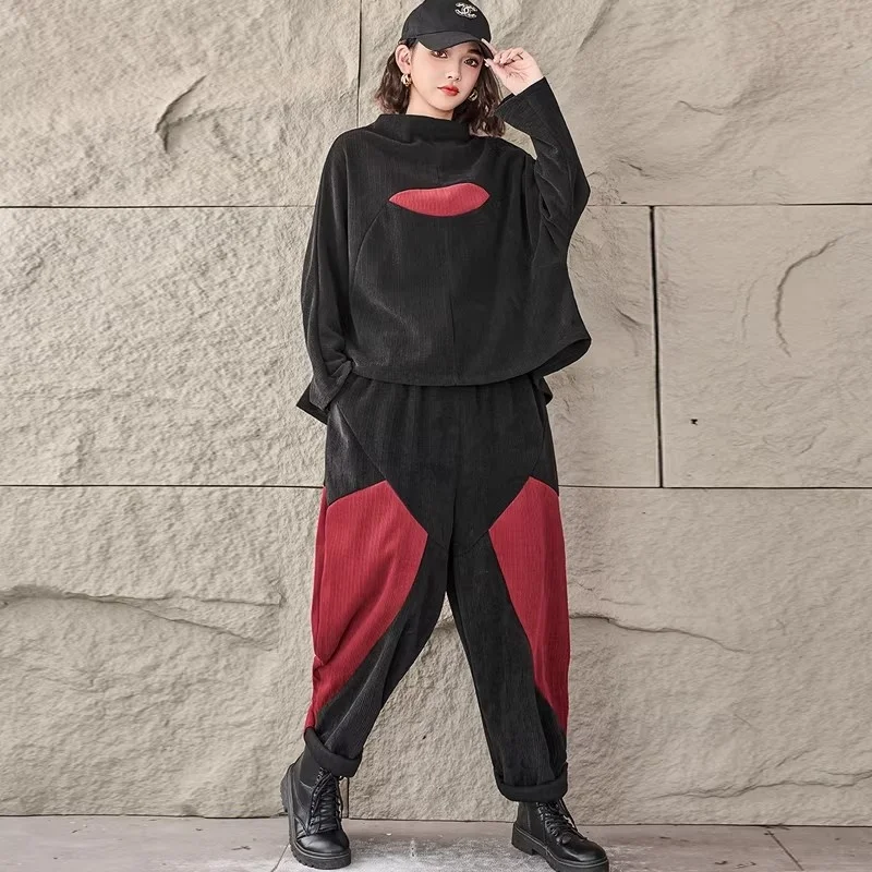 

Streetwear Sweatsuit for Women - Color Block Oversized Hoodie & High Waist Wide Leg Pants Casual Two Piece Set J217