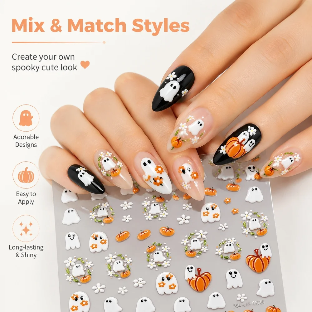 1Pc Y2K Cute Halloween Nail Decals 5D Raised Smiley Ghost Pumpkin Floral Pattern Waterproof Single Sheet Self Stick Sticker