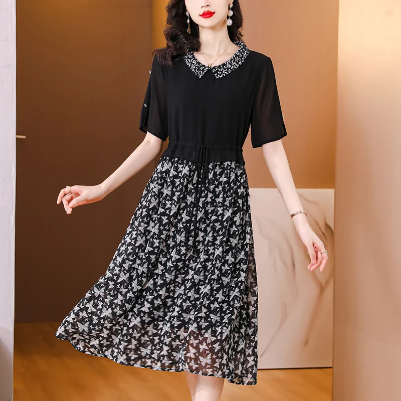 2023 New Fashion Silk Printed Dress Women's Summer Doll Neck Short Sleeve Waist Shrinking Party Dress Vestidos