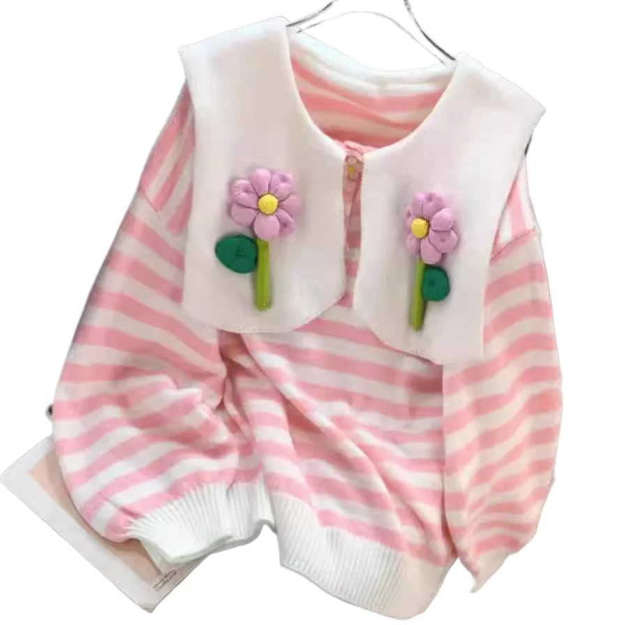 

Korean Striped Navy Collar Pullover Sweater Women Long Sleeved Loose Spring Autumn New three-dimensional Flower Knit Top