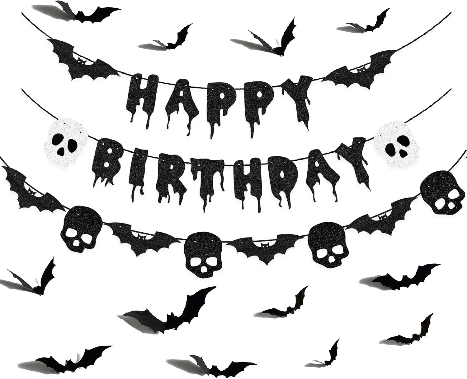 Schwarzes Glitzerndes Happy Birthday Halloween-Banner mit Fledermäusen und Totenköpfen, 3D-Fledermaus-Aufkleber für Horror-Geburtstagsfeier-Dekorationen, Gruselige Party-Deko – Detail 1