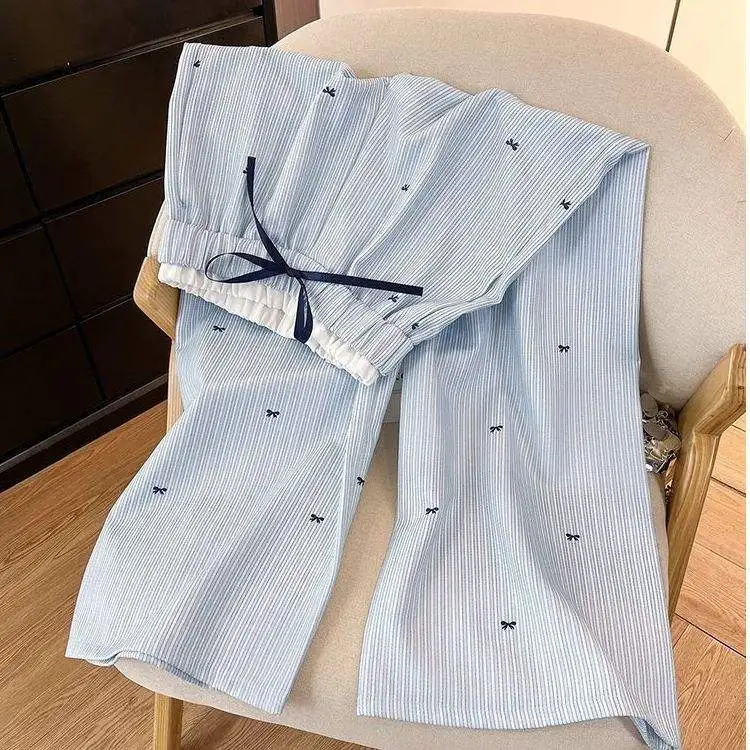 Trendy Student Women's Casual Pants Striped Wide Leg Loose Fit Spring Summer New Style  Sweet Blue  Knot Long T...