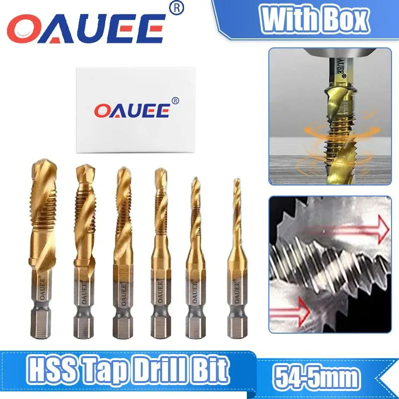 OAUEE 3/6Pc Drill Bit Set Hex Shank Titanium Plated HSS Screw Thread Bit Screw Machine Compound Tap M3 M4 M5 M6 M8 M10 Hand Tool