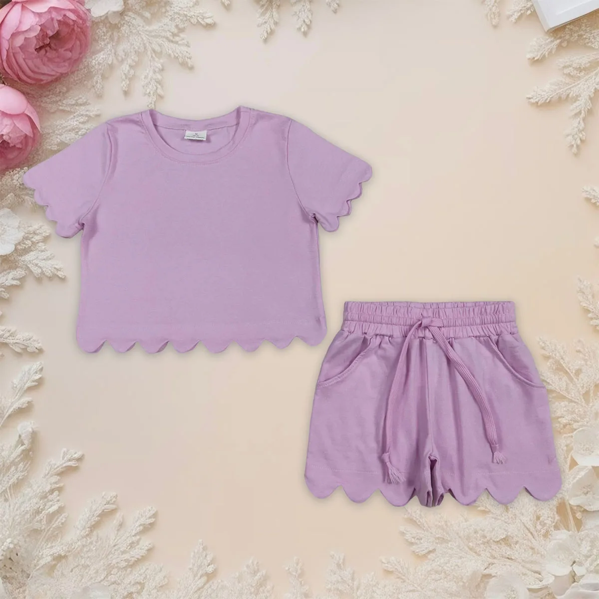 

Toddler Sibling Baby Girl Scallop Purple Short Sleeve Top Pockets Shorts Clothes Cute Kids Pajamas Set Children 2Pcs Sets