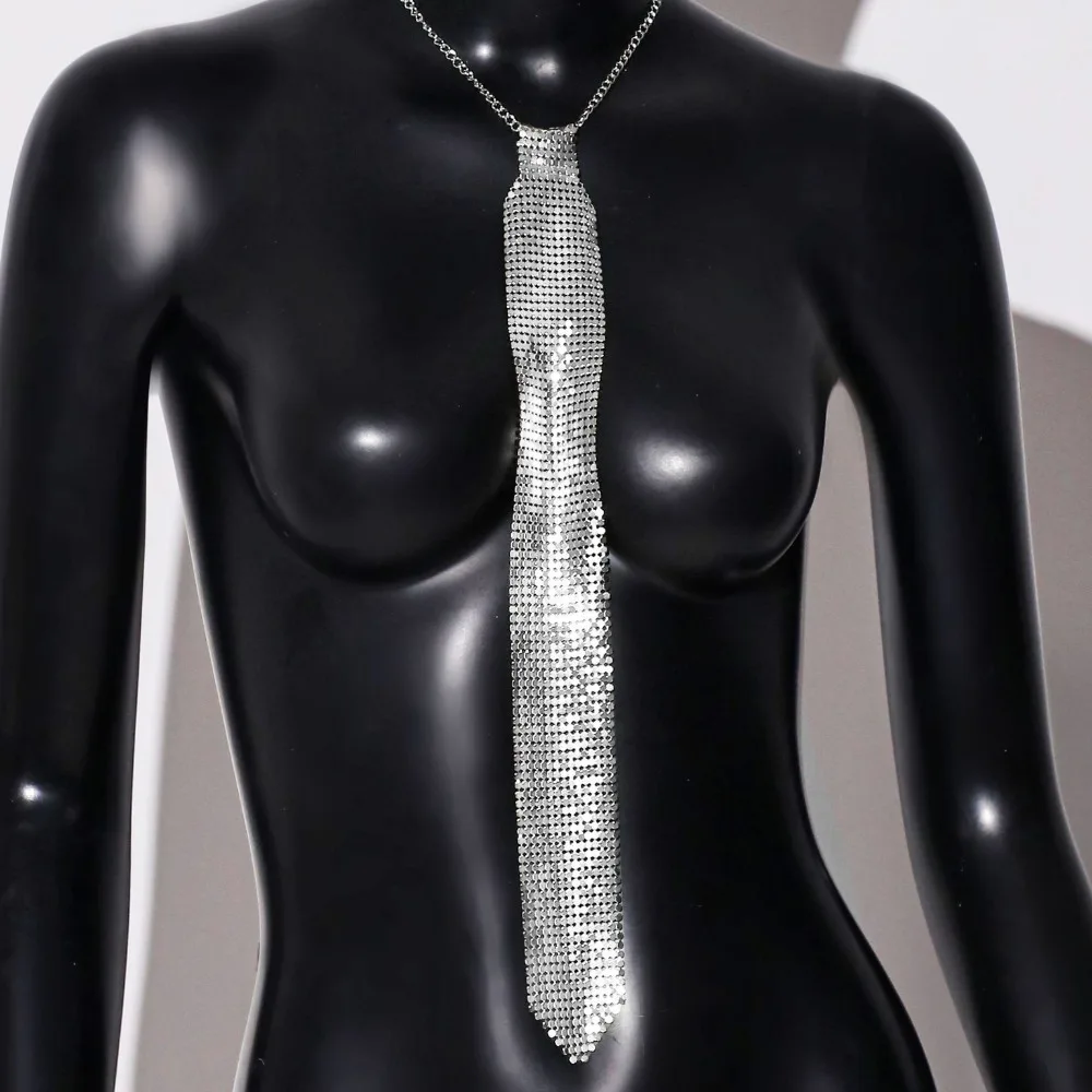 Shiny Narrow Crystal Rhinestone Neck Tie Adjustable Soft Metal Sequin Necktie Gold Necklace Glitter Cravat Party