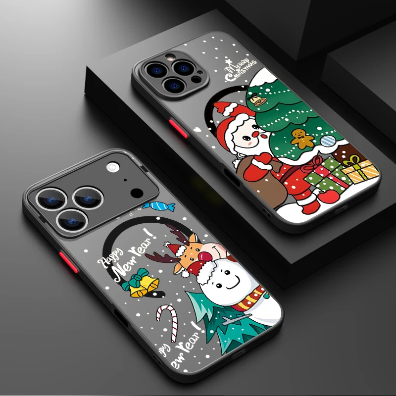 Magnetische Weihnachtsmann-Hirsch-Telefonhülle für iPhone Air 16e 17 16 15 Pro Max 14 13 12 Pro 11 16 Plus, stoßfeste, matte Acryl-Abdeckung