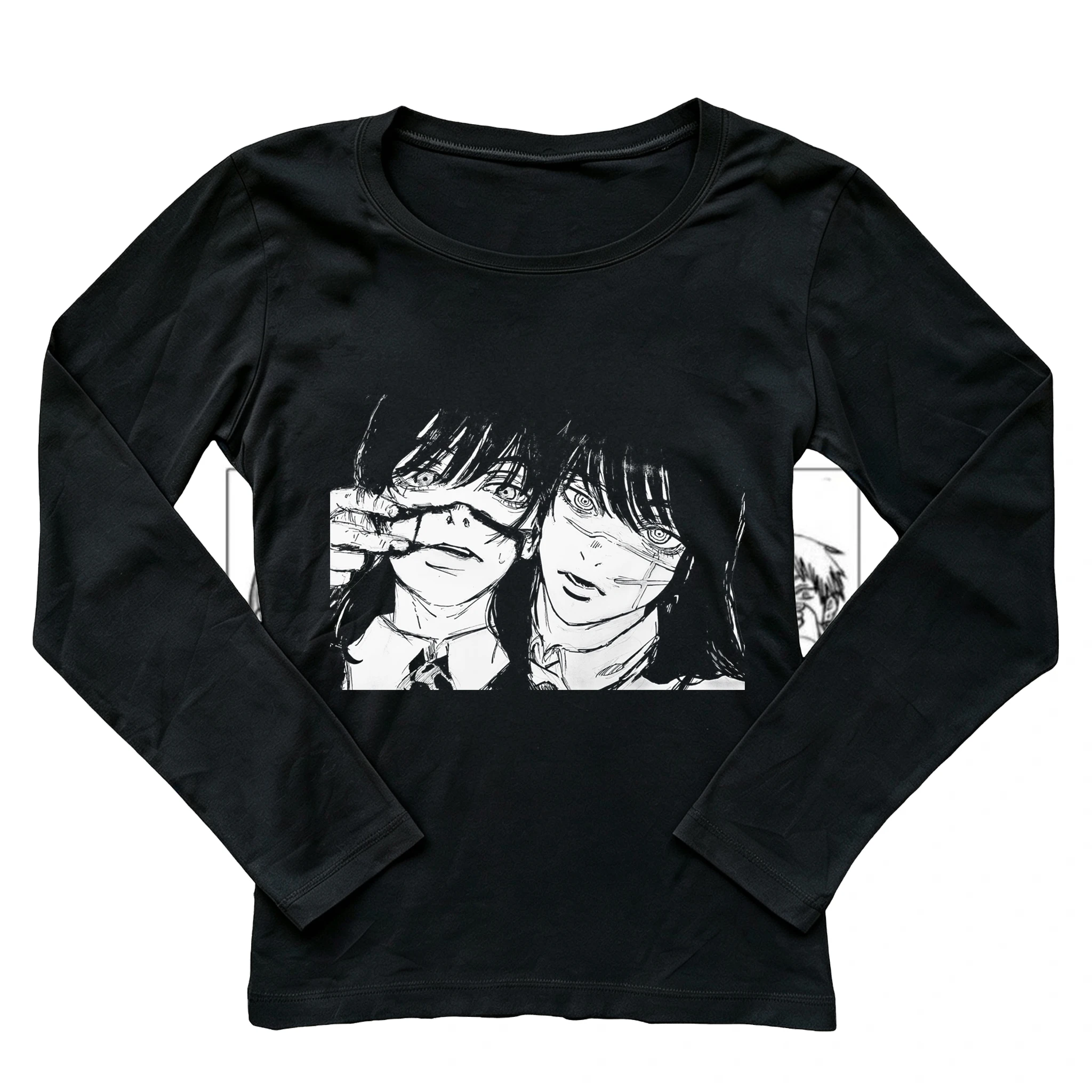 Women Slim Long Sleeve T-shirt Chainsaw Man Asa Mitaka Yoru Anime Print Tee Casual O-neck Slim Fit Top Manga Graphic Long Sleeve