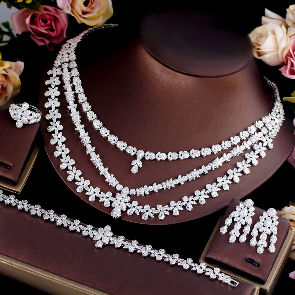 

CWWZircons 4pcs Full Luxury Multi Layered Triple Big Necklace Dubai Nigerian Heavy CZ Wedding Jewelry Sets for Brides T665