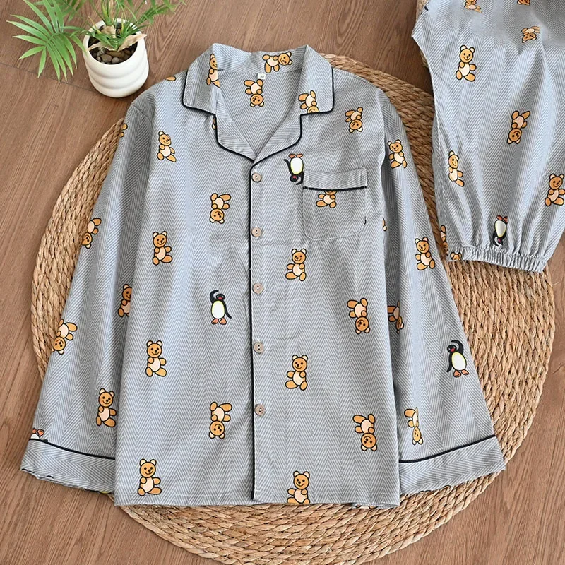 2Pcs Long Sleeve Pyjamas Home Clothes 100% Cotton Pijamas De Hombre Nightwear Loose Outfit Male Cartoon Print Sleepwear