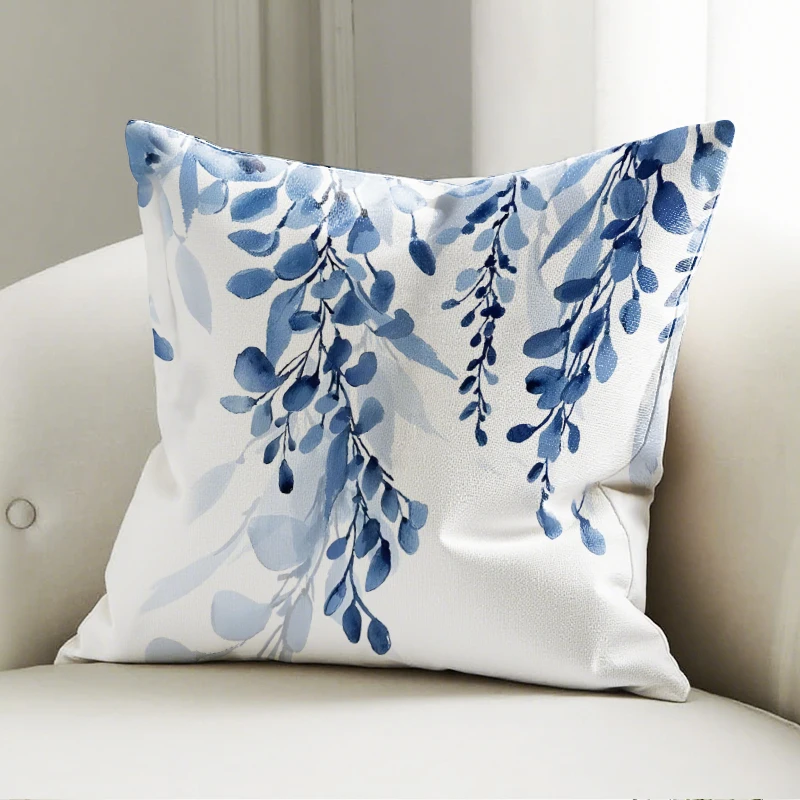 

Blue Leaf Branch Pillow Case White Cushion Cover Soft Decor for Sofa Bedroom Nature Style Throw Pillowcase