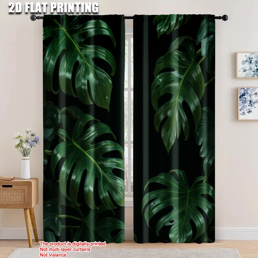 

2pcs, 2D flat printing Party Window Curtains Tropical green palm leaf Versatile 100% Polyester,Without Electricity Festive Wall