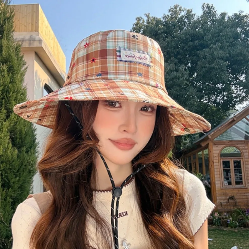 Fashion Sun-protective Fisherman Cap Big Brim Spring Summer Bucket Hat Versatile Check Pattern Fisherman's Hat for Women