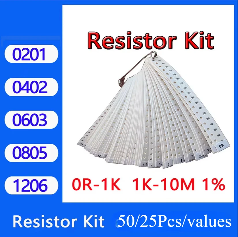 

Комплект резисторов 0201 0402 0603 0805 1206 smd Корпус резисторов 50 значений * 50 шт. = 2500 шт. 1% комплект образцов Резистор 1 Ом 47 Ом 1 Ом 10 Ом