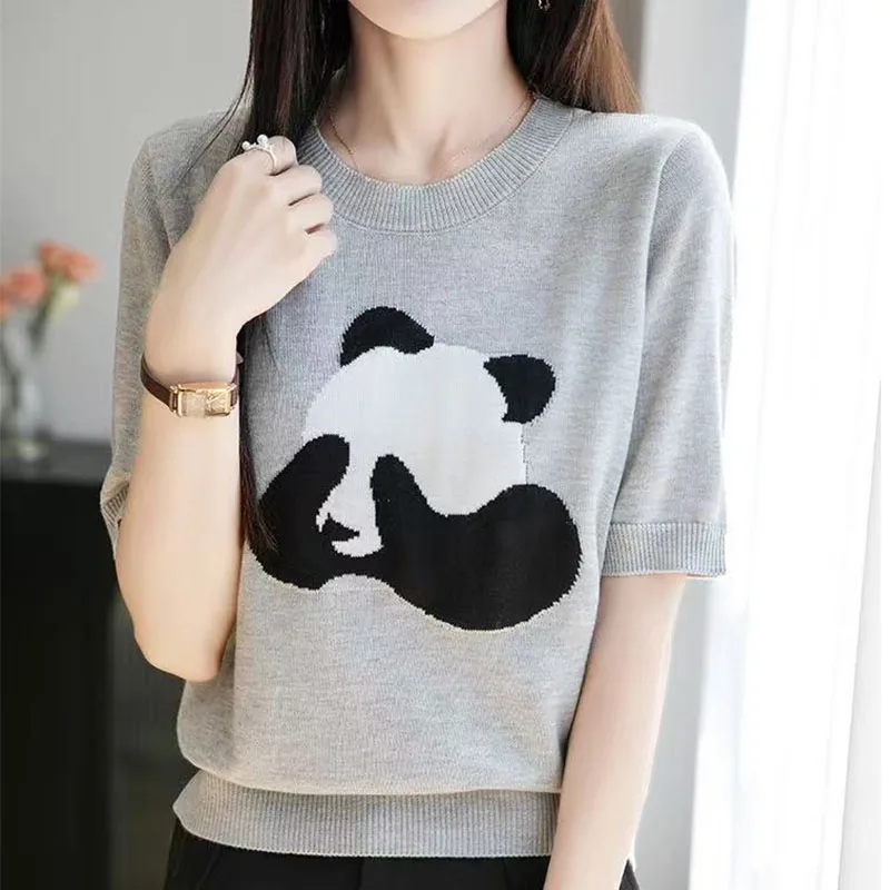T-Shirt à manches courtes tricoté en soie glacée pour femme, col rond, manches fines, ample et Slim, printemps et été