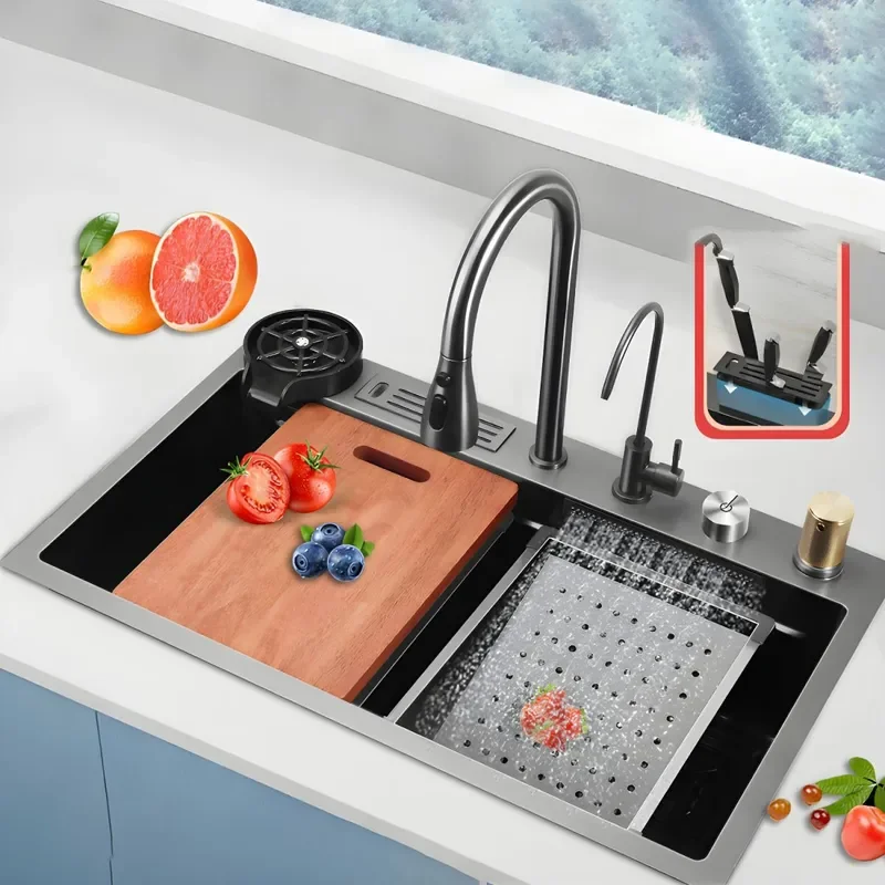 for Kitchen Flying Rain Sink with Knife Holder Nano Black Thickened Multifunctional Vegetable Dishwashing Sink Controlled
