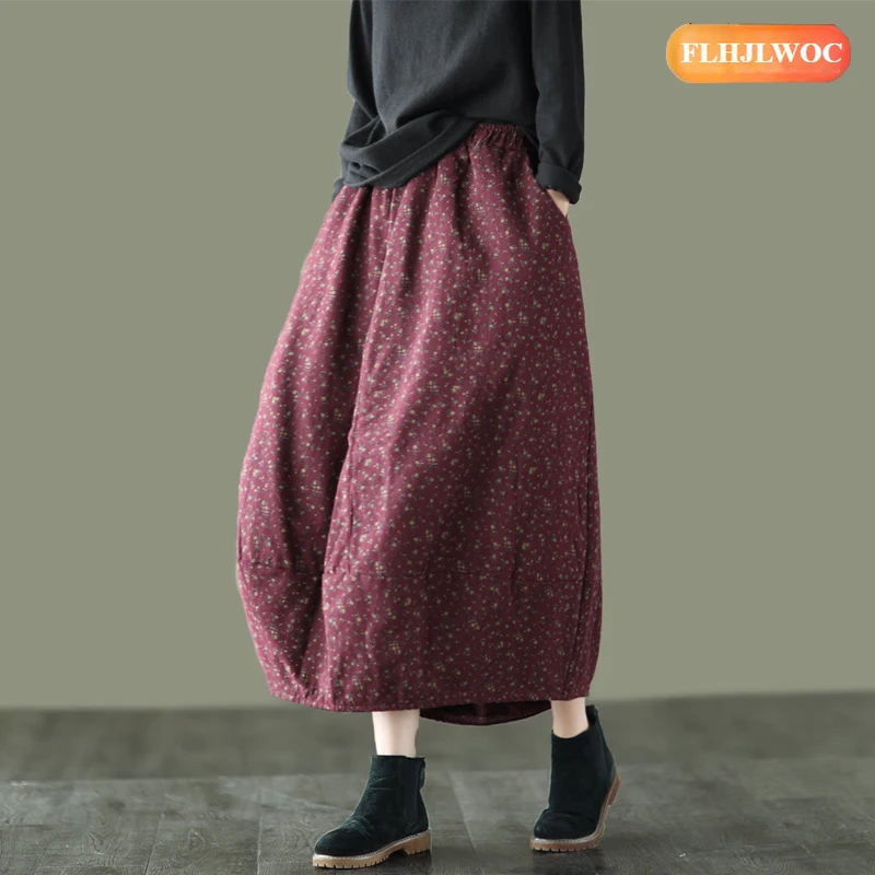 القطن الكتان التنانير شتاء دافئ المبيعات الساخنة 2026 السنة الجديدة امرأة اليابان الفتيات الرجعية خمر الأزهار طباعة جيوب تنورة طويلة سميكة #4
