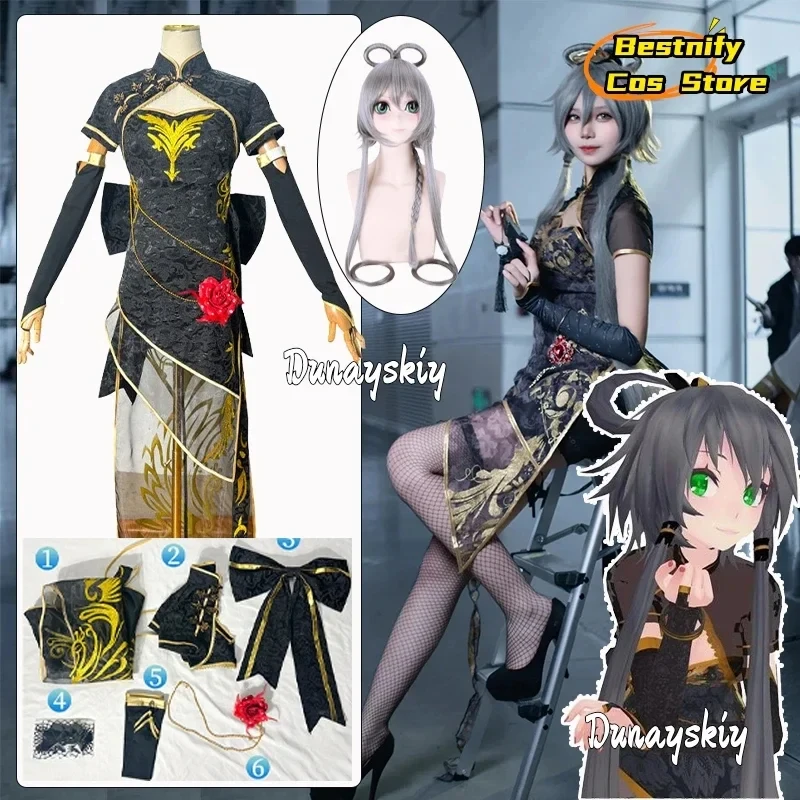 

ABC123CosplayVtuber Luo tianyi cosplay cheongsam canary Chinese style Costumes Women's Sexy Black Dress Wig Outfit for3'd,5;h.9/