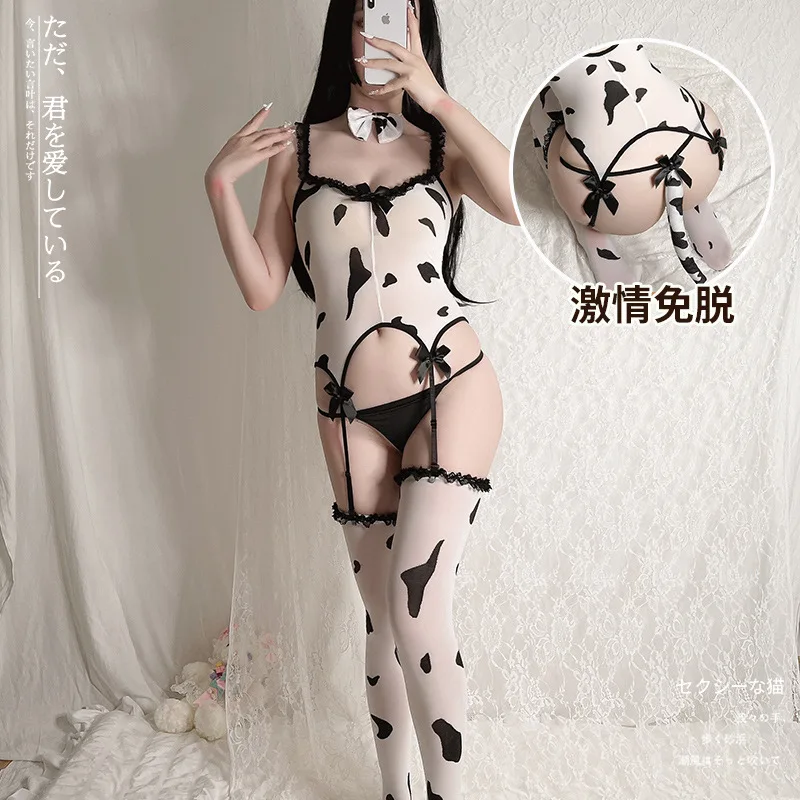 

New Anime Kawaii Girl Dairy Cow Maid Uniform Top With Garter Stocking Costume Women Sexy Lace Pajamas Lingerie Outfit Cosplay