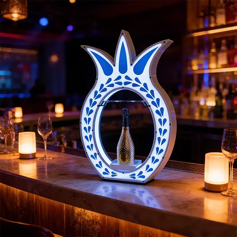 LED Wine Bottle Display Stand Blue Floral Pattern Luminous Bar Decor Light Up Holder for Lounge Home Party Atmosphere