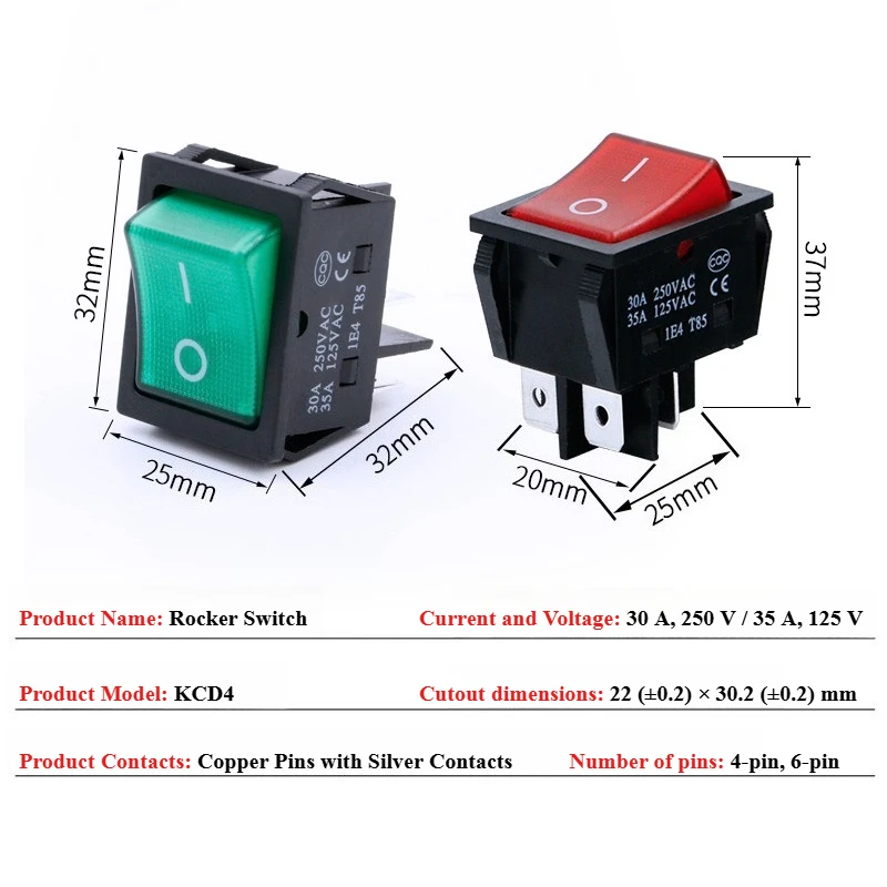 KCD4 High-Current Rocker Switch with Indicator Light, 4-Pin, 2-Position, Red and Green, 30A