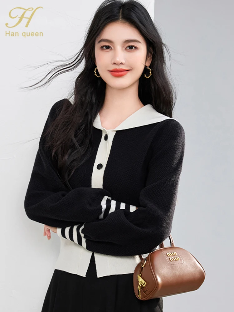 

H Han Queen New Cardigan Sweater Simple Basics Color Blocking Knitwear Women Casual Basic Long Sleeve Vintage Outerwear Sweaters