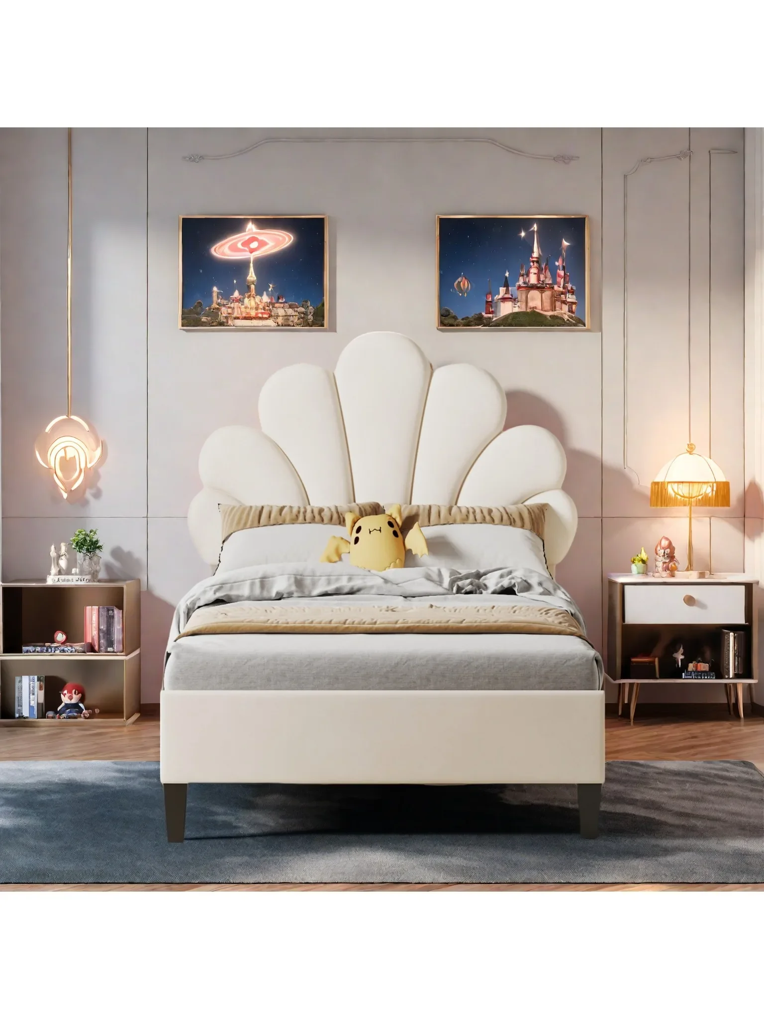 Fangange kinderbed 90x200 cm, eenpersoonsbed, 140x200 cm, meisjesbed met in hoogte verstelbaar bloemblaadjes-hoofdeinde, gestoffeerd, zonder matras - afbeelding 2