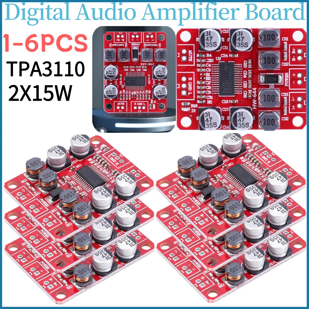 1-6PCS TPA3110 Digital Audio Amplifier Board DC 8-26V 12V 15W+15W Power Amplifier Board Electronics Design for 4-10 Ohm Speaker