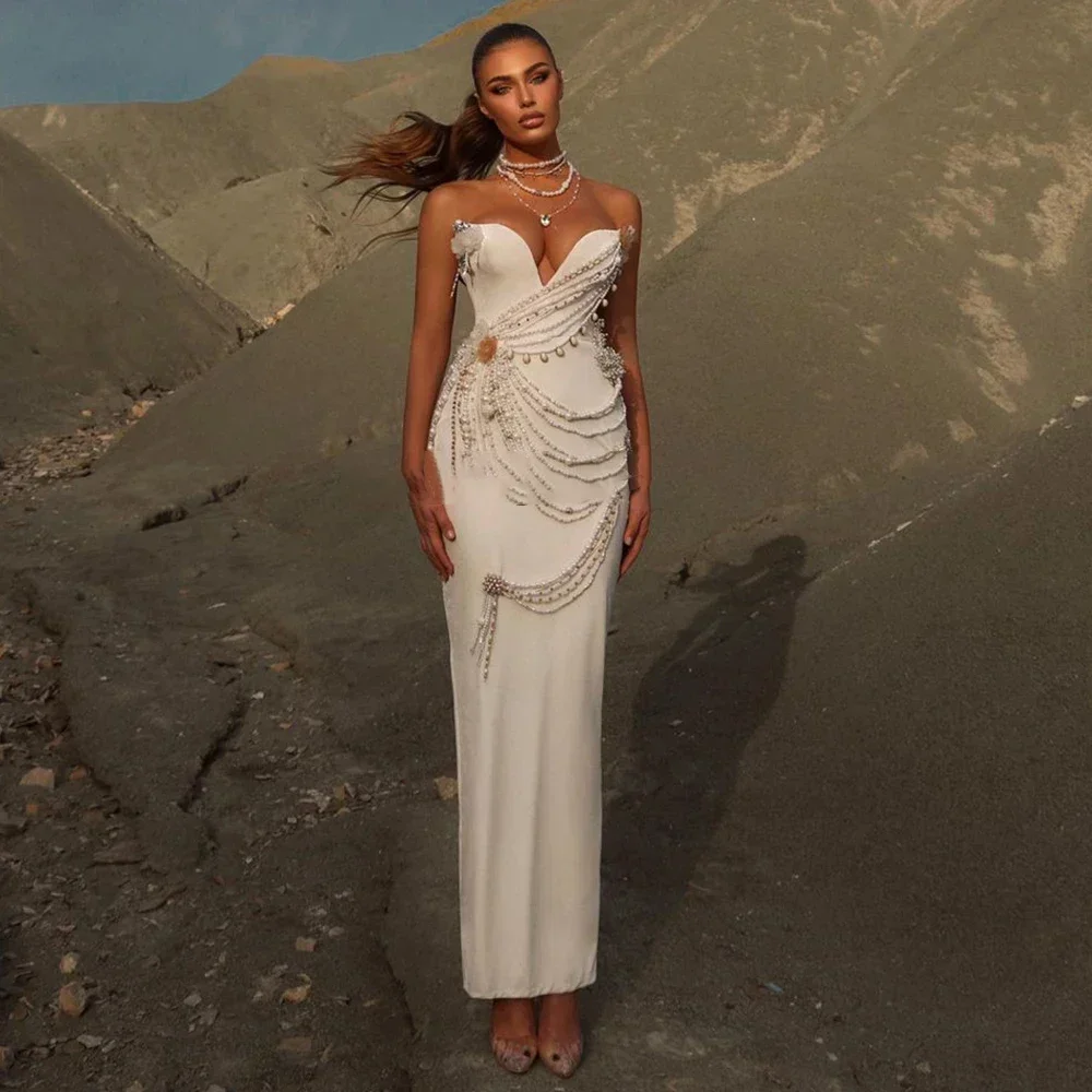 

Customized Sexy Prom Dress Long Sweetheart Sleeveless Mermaid Women's Evening Dresses Flowers Pearls Beading Luxury Backless