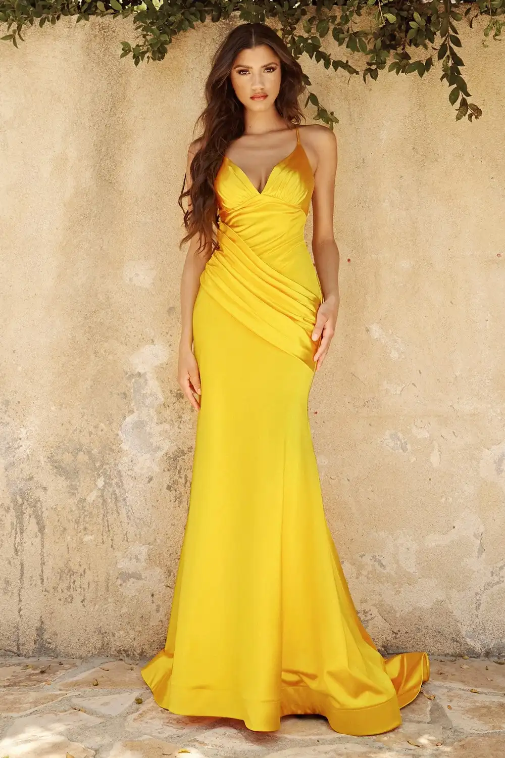 Spaghetti Straps Mermaid Evening Dresses Satin V-neck Criss-Cross Backless Gold Yellow Cocktail Dress Ruched Elegant Party Gowns