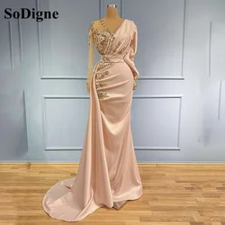 SoDigne Elegant Pink Satin Evening Dresses Dubai Arabic Long Sleeves Formal Prom Party Gowns With Lace Beads Celebrity Dresses