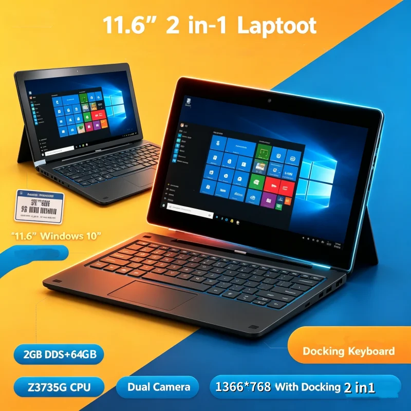 11.6 INCH 2GB RAM 64GB ROM T10 Tablet Z3735G CPU 1366*768 IPS Screen WIFI Quad Core Touch Screen 2 in 1 PC G12 Dual Camera