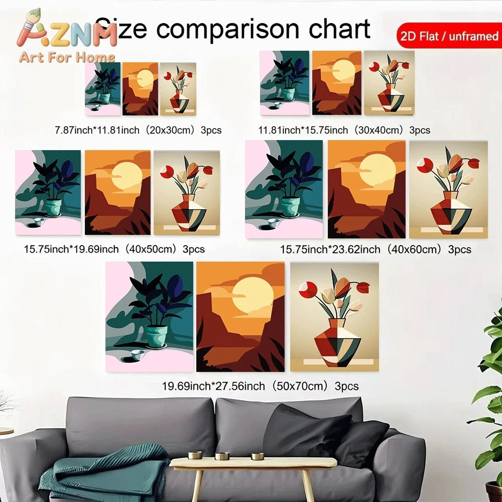 AZNM 3pcs  Abstract Boho Canvas Wall Art Geometric Plant Sunset Mountain Vase Flower Poster Modern Home Decor No Frame Painting