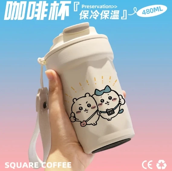 Cartoon Chiikawas Usagi Hachiware Portable Stainless Steel Water Cup Cute 480Ml Insulation Cooling Cup Kawaii Office Coffee Cups