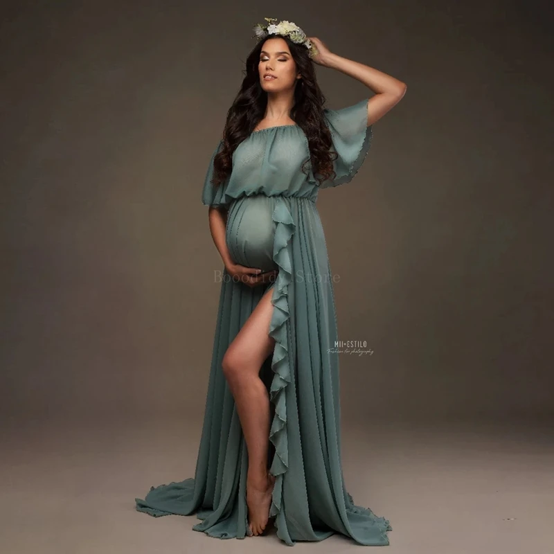 Bohemian Maternity Photography Dress with Shoulder Ruffle Sleeve for Baby Shower - Pregnancy Dress for Photo Shooting