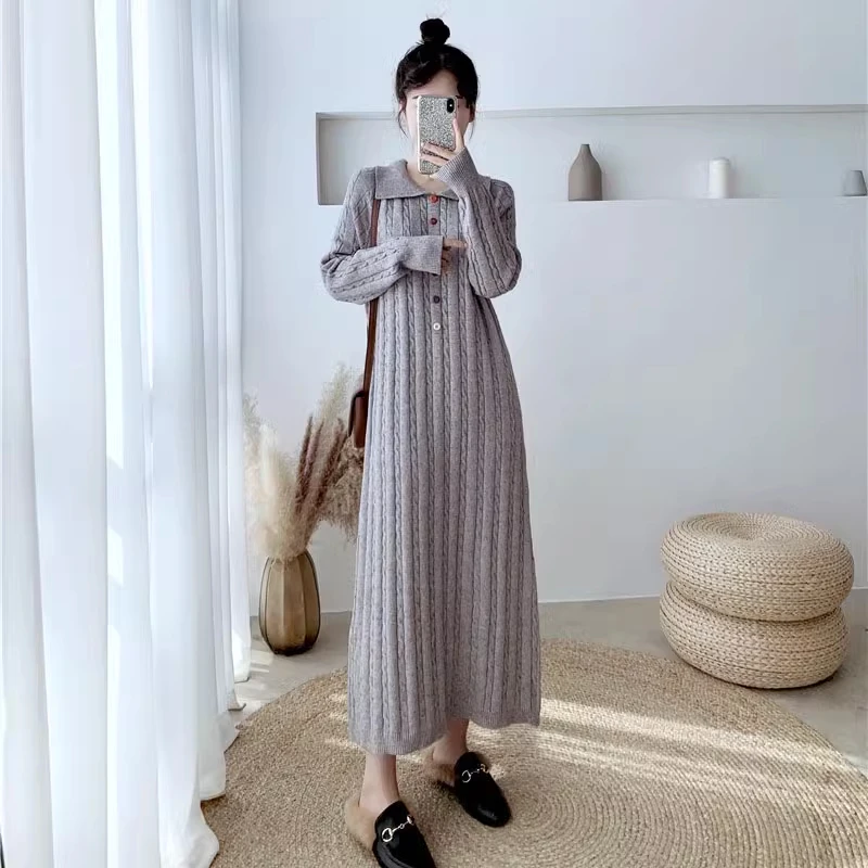 Women's Over knee Covering Knit Dress Spring Autumn Oversized Thickened Loose Fried Dough Twists Sweater Long Dress