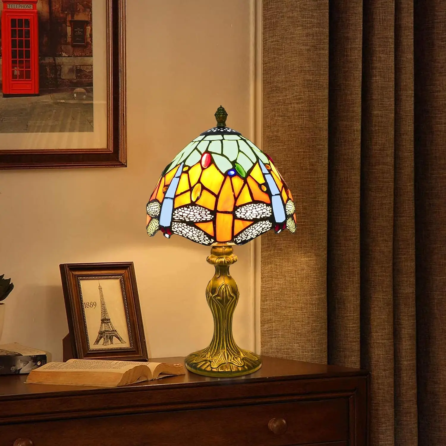 ￥%Table Lamp Baroque Handmade Stained Glass Desk Lamps Gifts Alloy Resin Green Dragonfly Vintage Reading Lamp