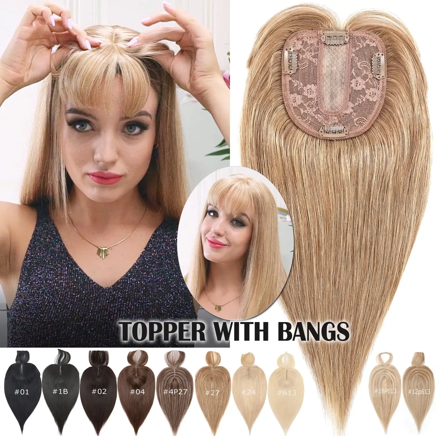 

100% Human Hair Hair Piece 12x13cm 35cm Straight Machine Made Clips Topper #8 P27-613 Natural Daily Wholesale