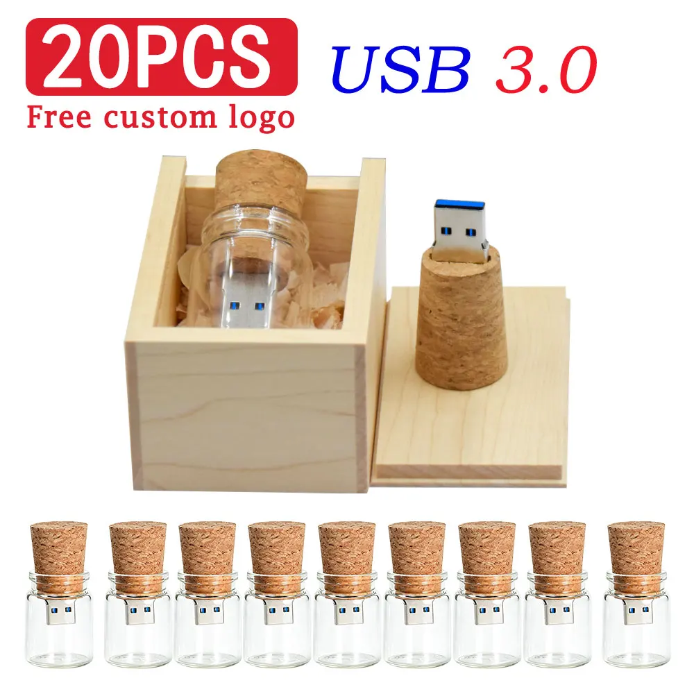 20pcs wood box + wishing bottle USB 3.0 flash drive 8GB 16GB 32GB 64GB glass memory stick drifting bottle U disk wedding gift