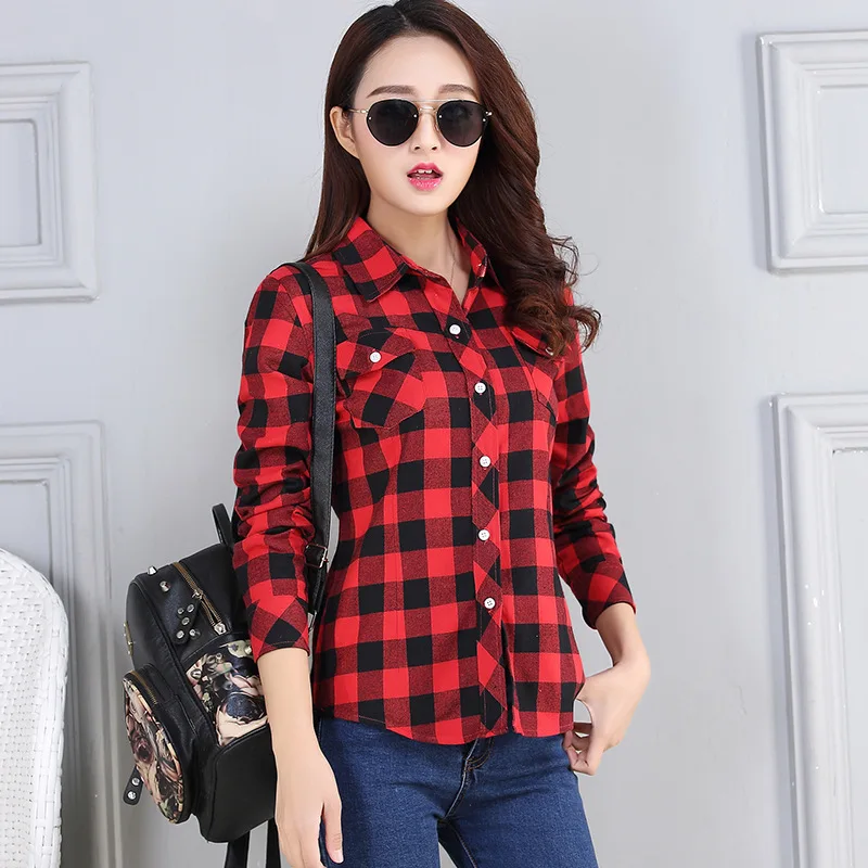 2023 New Hot Sale Women\'s Shirts Tops Cotton Flannel Long sleeve Plaid Shirt Elegant Female College Style Basic Blouses Clothes